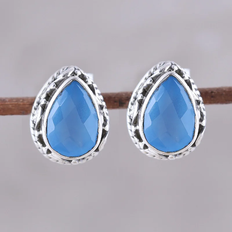 Blue Mist Blue Chalcedony Teardrop Stud Earrings from India