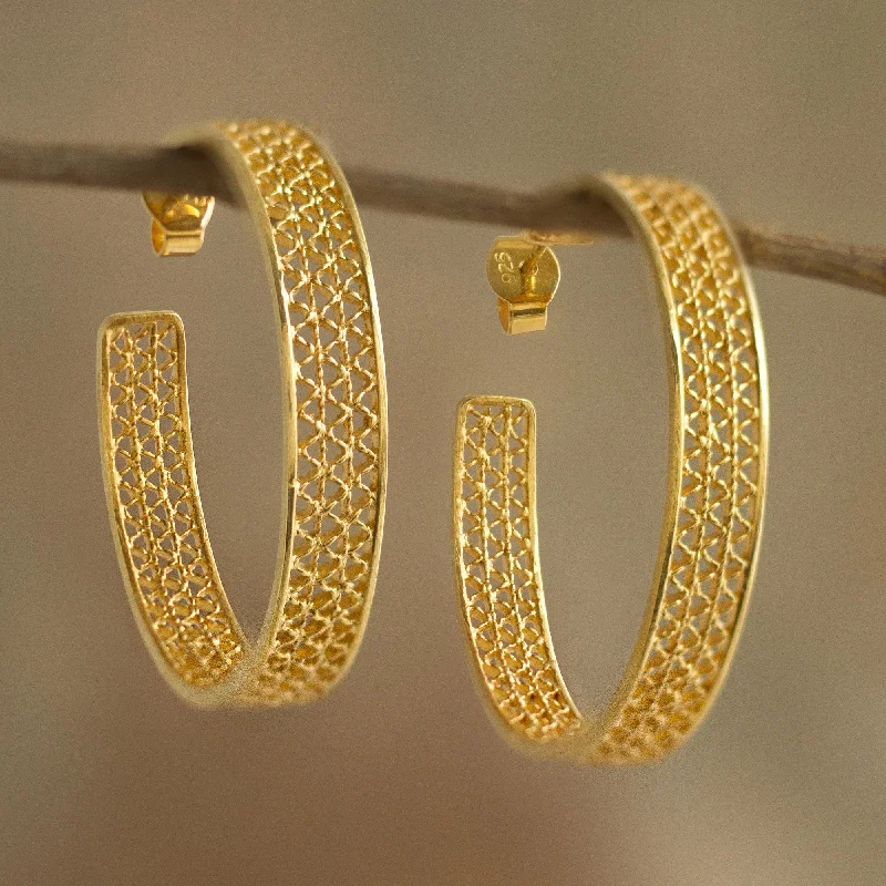 Colonial Intricacy Gold Plated Silver Filigree Half-Hoop Earrings from Peru