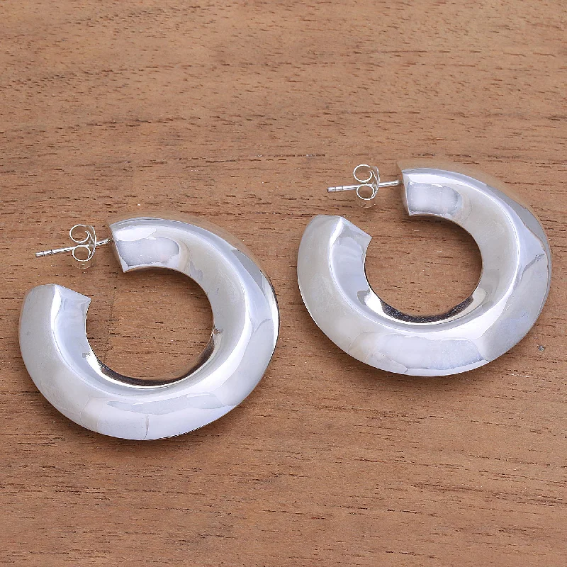 Curving Pillars Modern Sterling Silver Half-Hoop Earrings from Bali