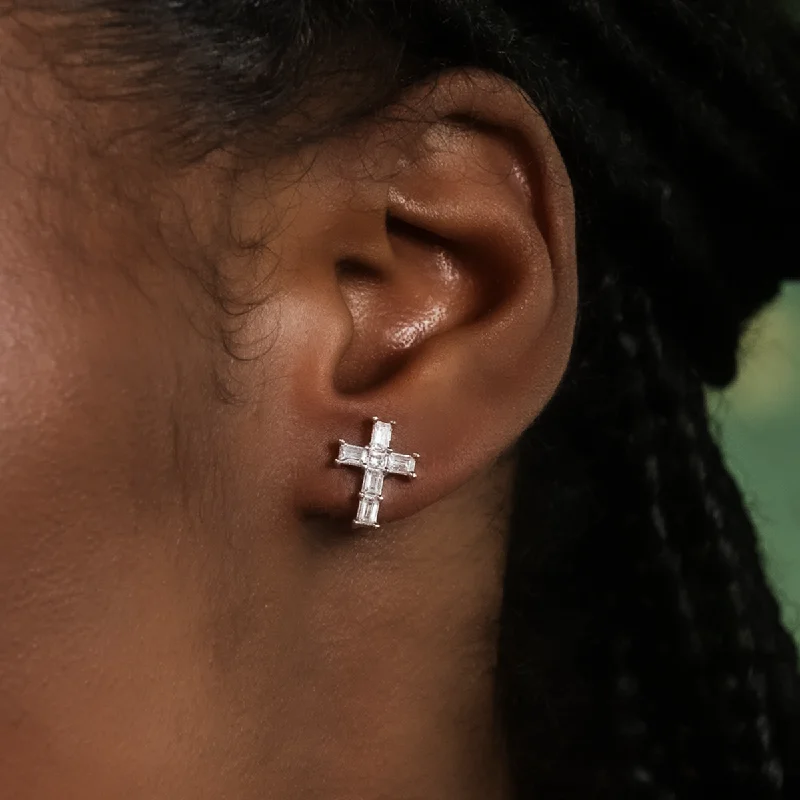 Diamond Baguette Cross Stud Earrings in White Gold