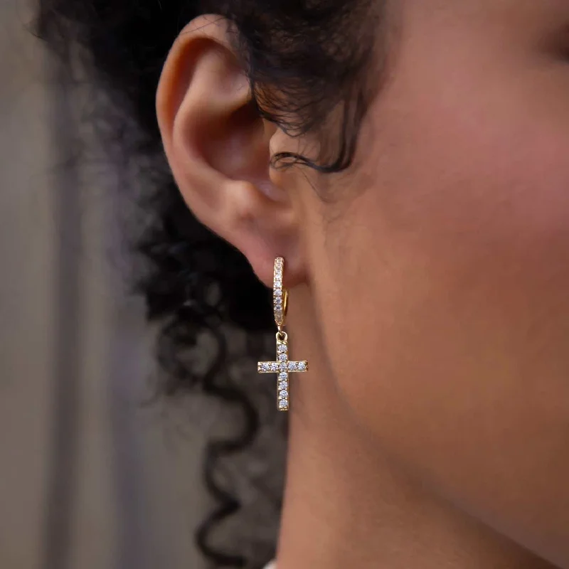 Diamond Cross Hoop Earrings in Yellow Gold