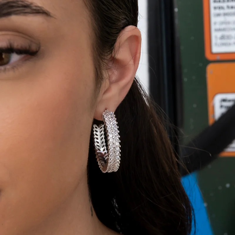 Diamond Herringbone Hoop Earrings in White Gold