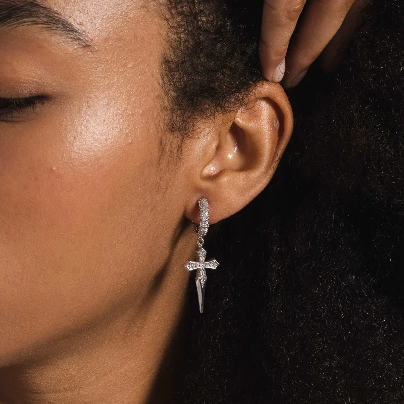 Dripping Cross Hoop Earrings in White Gold