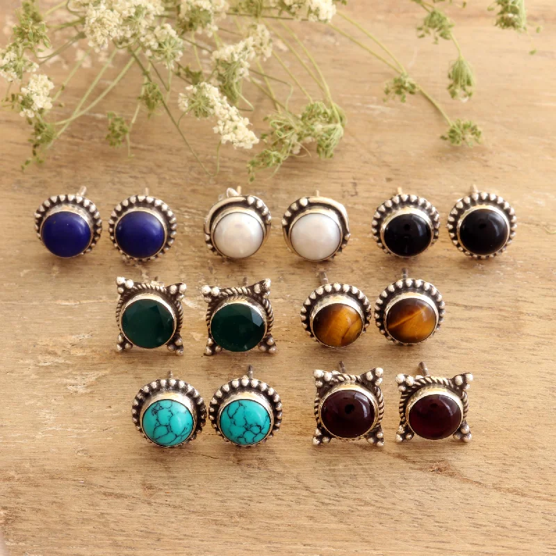 Everyday Pairs Handmade Multi-Gemstone Stud Earrings (Set of 7)