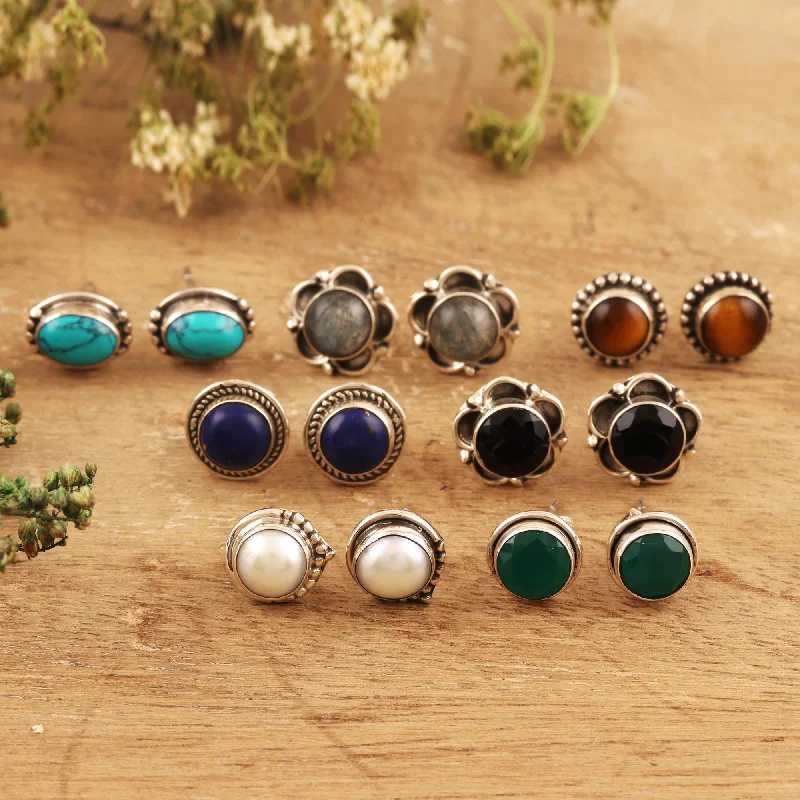 Everyday Pairs Multi-Gemstone Stud Earrings from India (Set of 7)