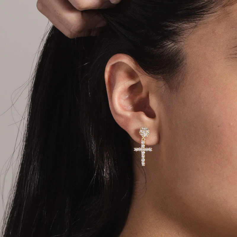 Diamond Studded Cross Earrings in Yellow Gold