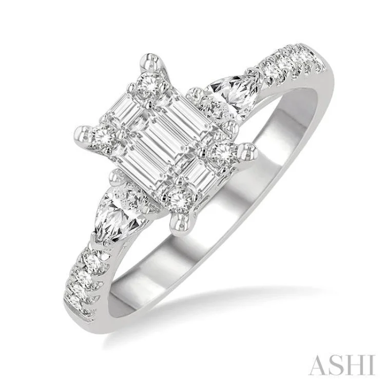 3/4 ctw Fusion Baguette, Pear and Round Cut Diamond Engagement Ring in 14K White Gold