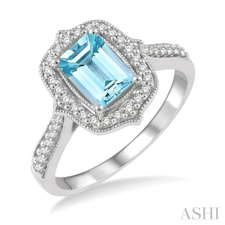 1/4 ctw Cushion Cut 8x6MM Aquamarine and Round Cut Diamond Precious Ring in 14K White Gold