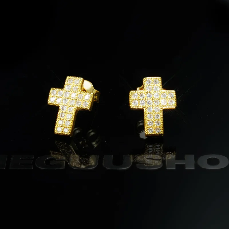 Gold-Plated CZ Cross Hip Hop Stud Earring