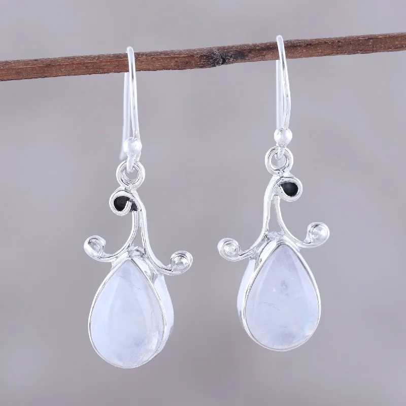 Lustrous Drops Teardrop Rainbow Moonstone Dangle Earrings from India