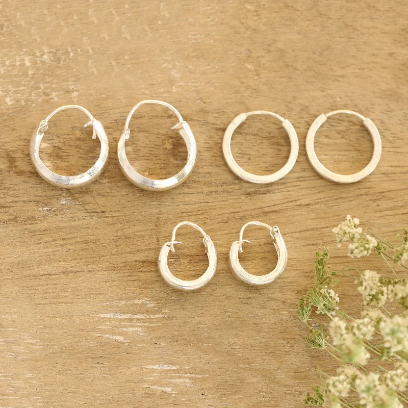 Lustrous Loops Artisan Crafted Sterling Silver Hoop Earrings (Set of 3)