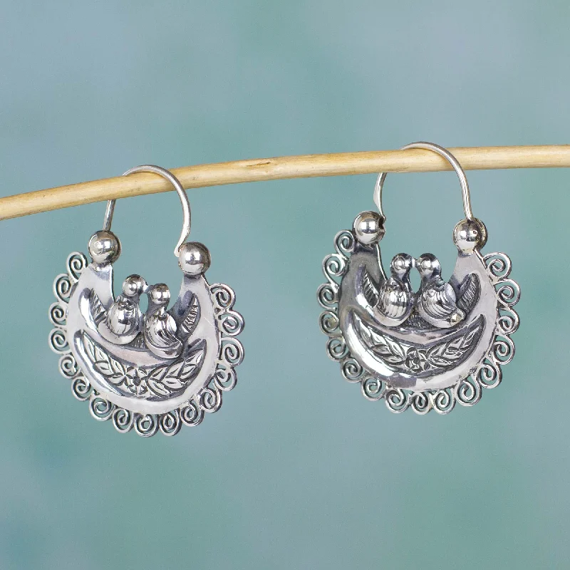 Mazahua Lovebirds Artisan Crafted Silver Mazahua Style Sterling Hoop Earrings