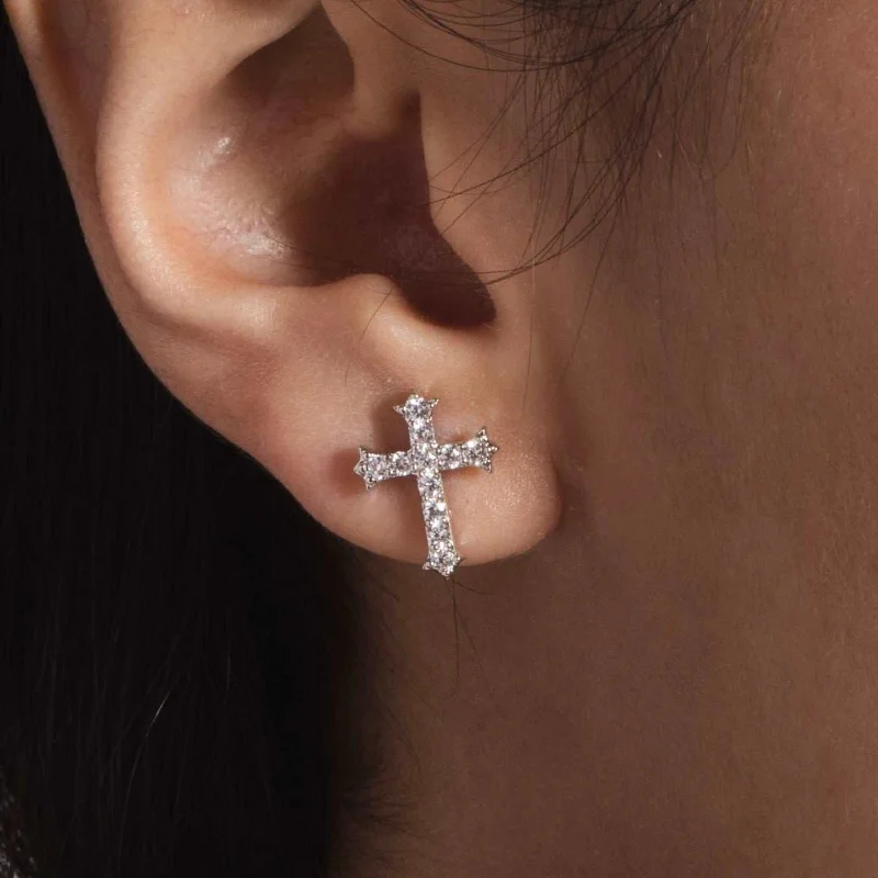 Micro Cross Stud Earrings in White Gold