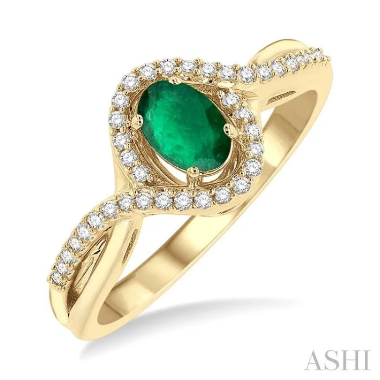 1/6 ctw Split Crisscross Bypass Shank Round Cut Diamond Precious Ring With 6x4MM Oval Cut Emerald Center Stone in 10K Yellow Gold