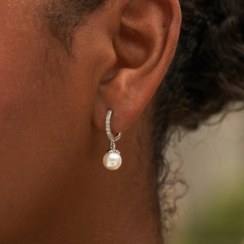 Pave Huggie Pearl Drop Earrings in White Gold