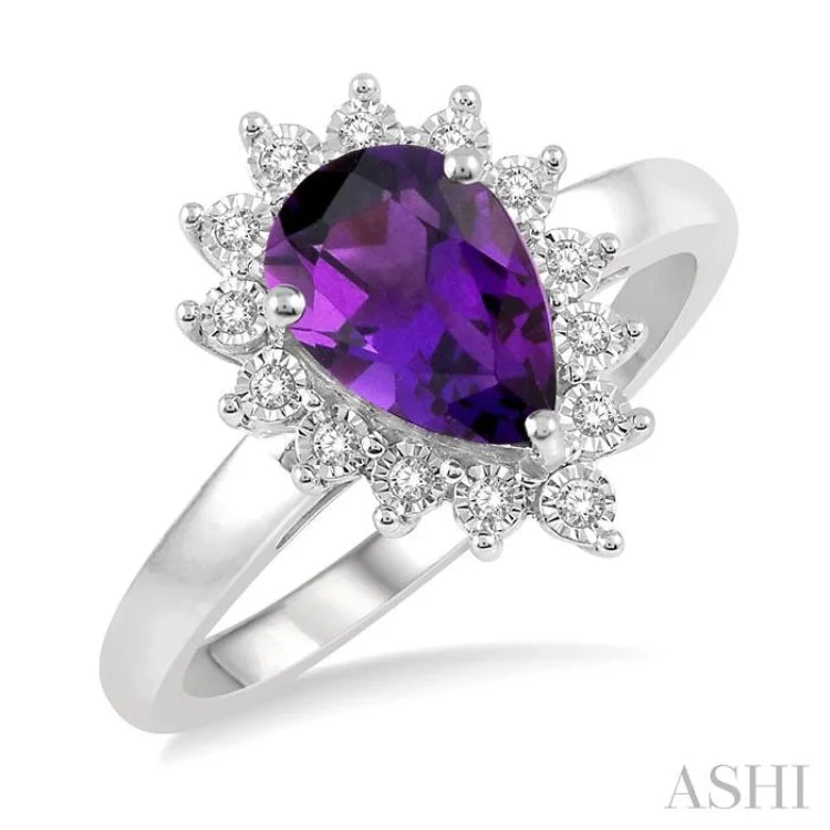 1/10 Ctw Pear Shape 9x6mm Amethyst & Round Cut Diamond Semi Precious Ring in 10K White Gold