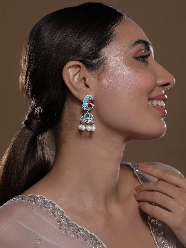 Rhodium-Plated Turquoise Blue & Ruby AD & Zirconia Studded Peacock Design Jhumka Earrings