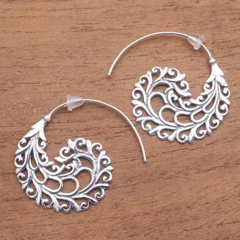 Romantic Vines Vine Pattern Sterling Silver Half-Hoop Earrings from Bali