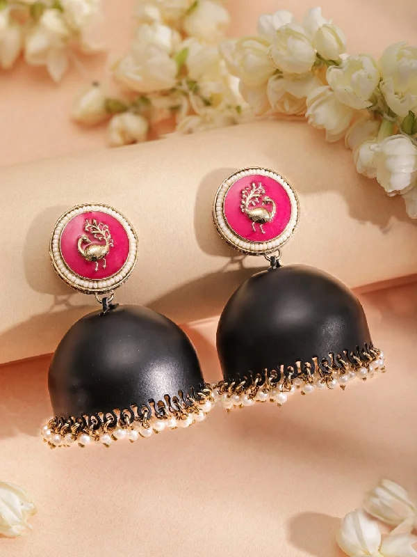 Rubans 18K Gold-Plated Dome Shaped Stone Studded & Beaded Enamelled Jhumkas