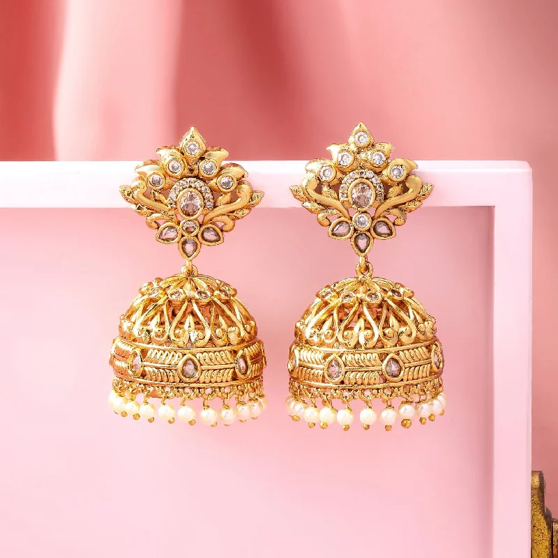 Rubans 22K Gold-Plated White Cubic Zirconia Studded Traditional Jhumka Earrings with Pearl Drops