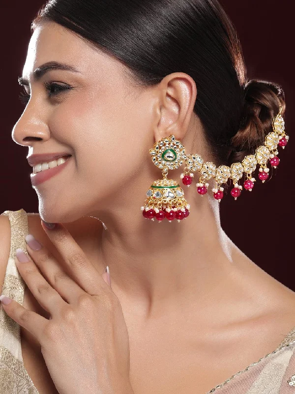 Rubans 22K Gold-Plated Kundan Studded Kan Chain Earrings with Red Beads & Green Enamel Detailing