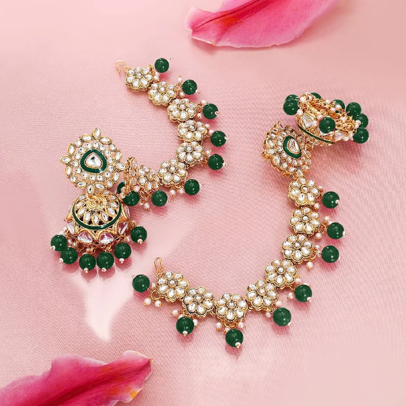 Rubans 22K Gold-Plated Kundan Studded Kan Chain Earrings with Green Beads & Enamel Detailing