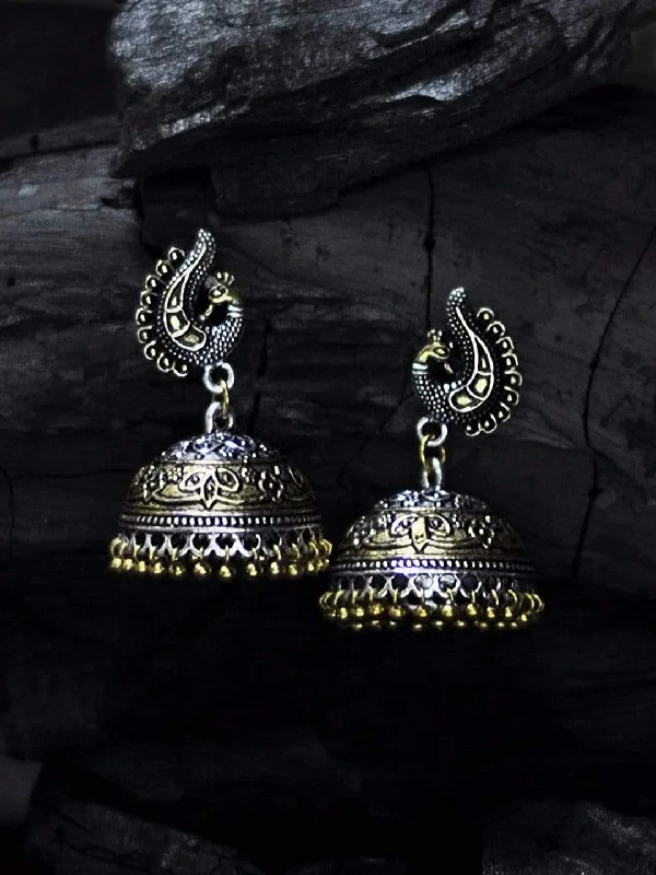 Rubans Oxidized Dual Tone Peacock Stud Metal Jhumki Earring