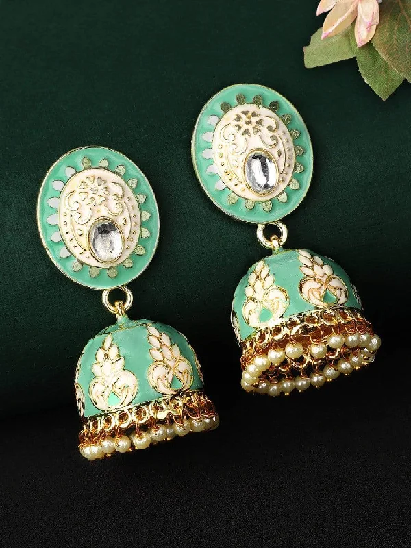 Rubans Gold Toned Enamel Stone Studded Jhumka Earring