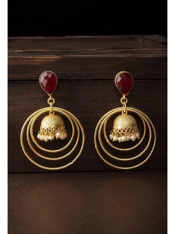 Rubans Gold Plated Faux Ruby Embellished And Pearls Studded Drop Earrings