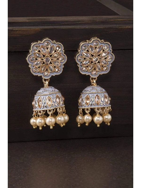 Rubans Gold Plated Grey Enamel AD Studded Pastel Statement Jhumka Earrings