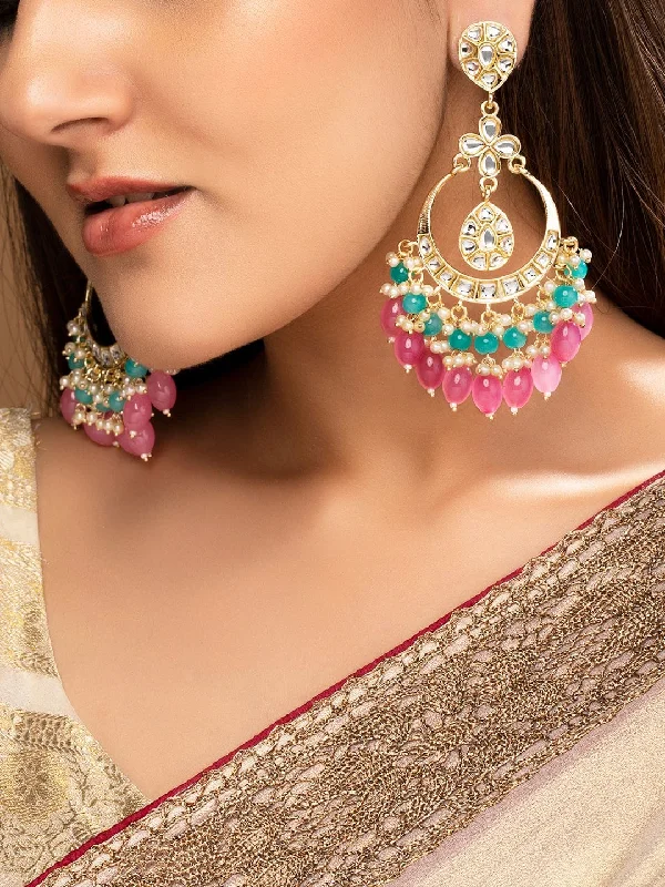 Rubans Gold Plated Handcrafted  Kundan Studded Pink And Blue Beaded Chandbali Earrings