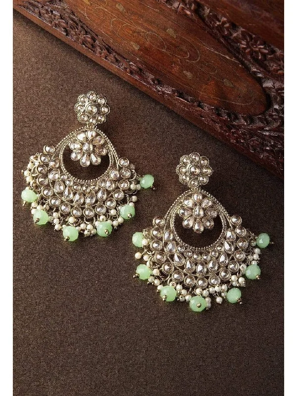 Rubans Gold Plated Kundan Studded Pastel Green Color Beads Embellished Statement Chandbali Earrings