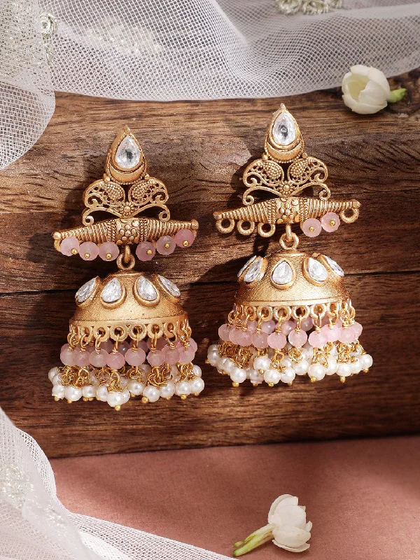 Rubans Gold-Plated Stone-Studded  Beaded Dome Shaped Jhumkas Earrings