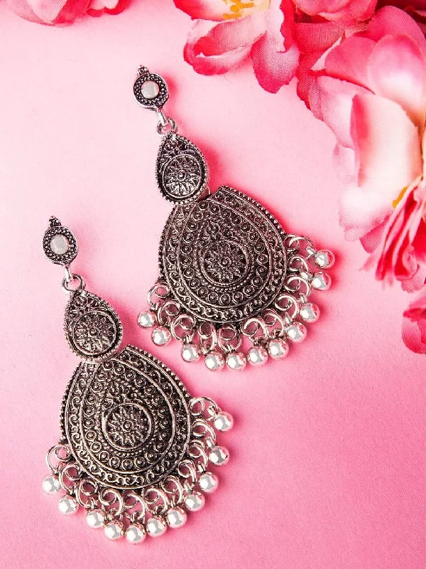 Rubans Oxidised Silver Plated Textured Statement Drop Earring