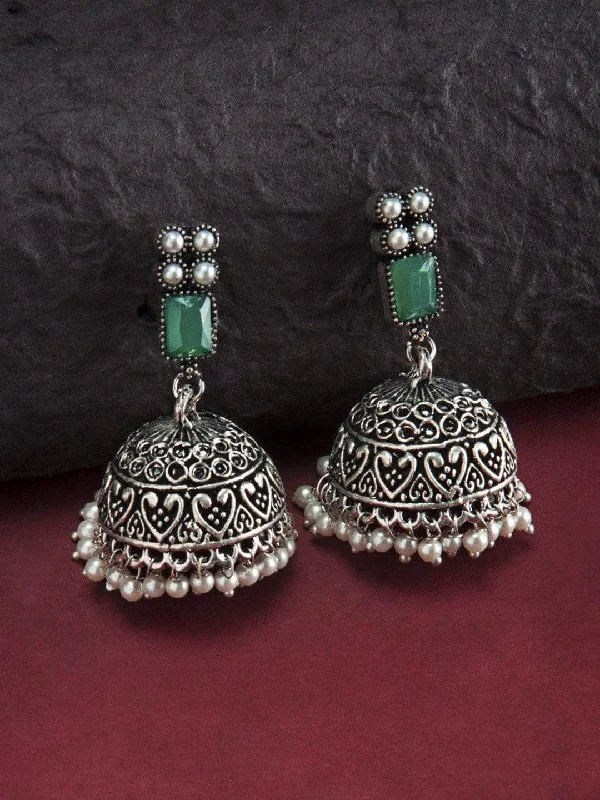 Rubans Oxidised Silver Toned Faux Emerald Studded Jhumka Earrings