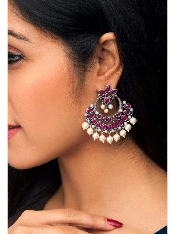 Rubans Oxidised Silver Toned Faux Ruby Studded Embellished With Pearl Chandbali Earrings