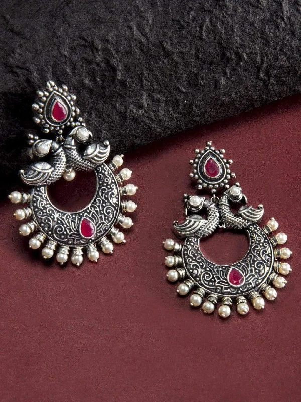 Rubans Silver Toned Faux Ruby Studded Oxidised Peacock Chandbali Earrings