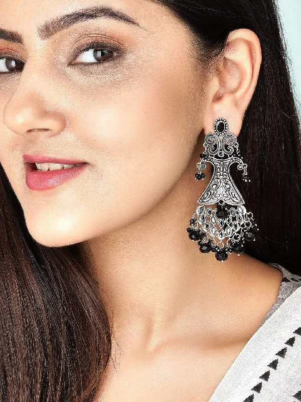 Rubans Silver Plated Black Stone Studded Earrings With Black Beads