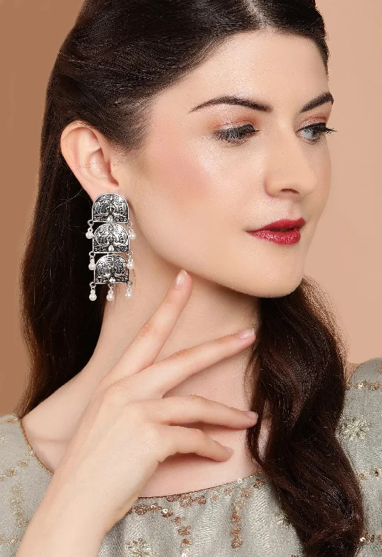 Rubans Silver Plated Handcrafted  Peacock Drop & Stud Set of 2 Earrings