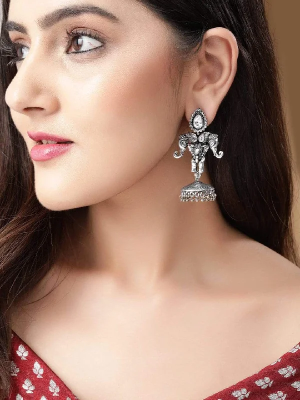 Rubans Traditional Oxidized Jhumkas With White Stone Studded