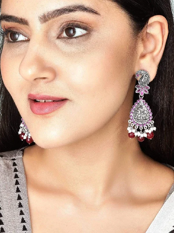 Rubans Traditional Silver Plated Pink Stone Studded Drop Earrings With Red Beads