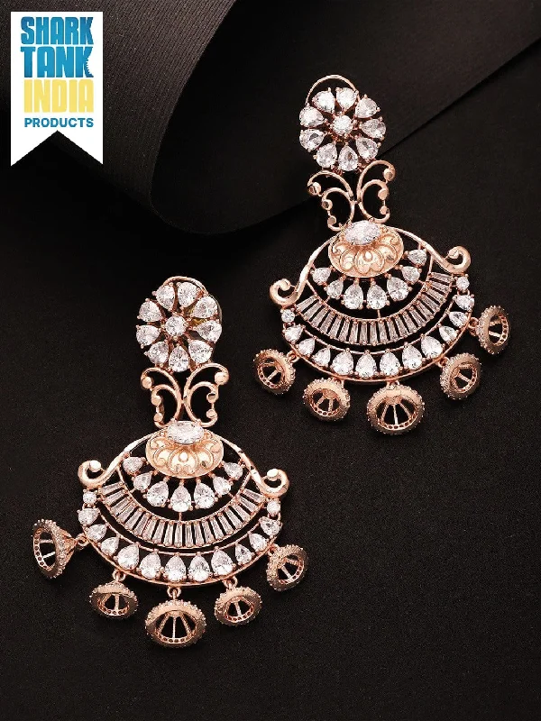 Rubans Zircon Studded Handcrafted Rose Gold Plated Chandbali Earrings