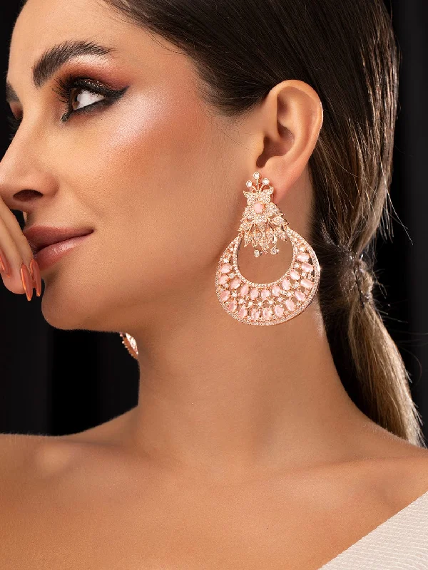 Rubans Zircon Studded Handcrafted Rose Gold Plated Floral Statement Chandbali Earrings