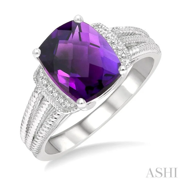 1/20 ctw Round Cut Diamond & 10x8MM Cushion Cut Amethyst Semi Precious Ring in Silver