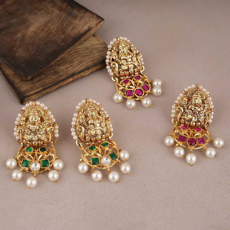 Traditional pearl drop Lakshmi gold plated earring I Temple Jewellery