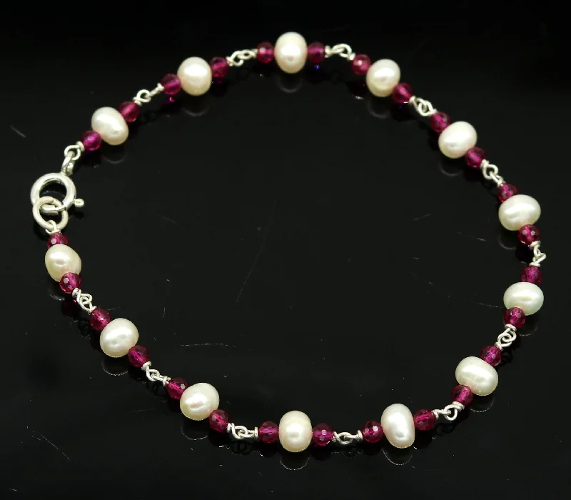 8" inches 925 sterling silver handmade customized beaded bracelet, excellent natural pearl unisex bracelet gifting jewelry for gir's nsbr187