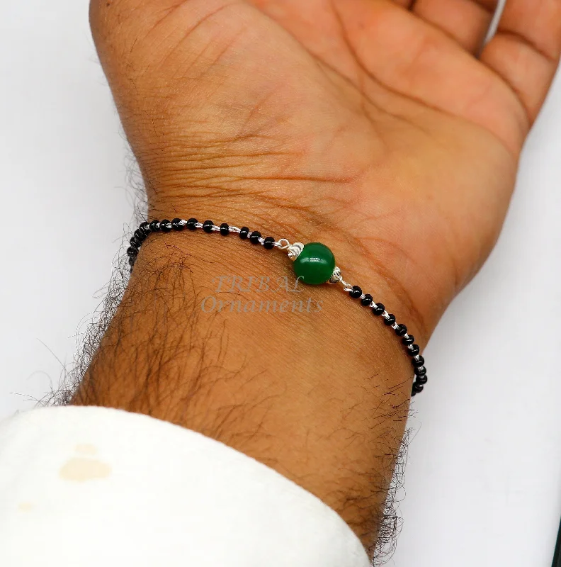 925 sterling silver customized black beads Nazariya bracelet with green onyx, Best girl's gifting bracelet stylish jewelry india sbr452