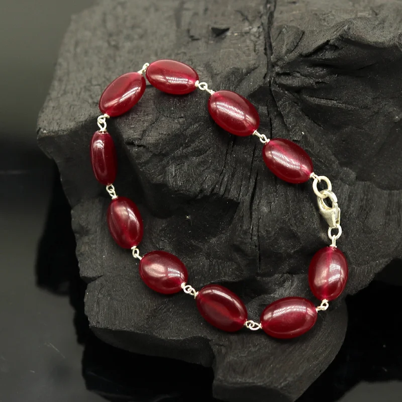 925 sterling silver handmade long bracelet, excellent oval shape jade red color gemstone unisex bracelet gifting jewelry nsbr186