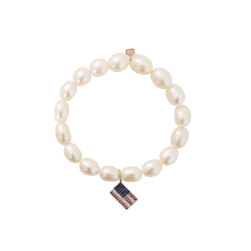 American Flag White Rice Pearl Beaded Bracelet