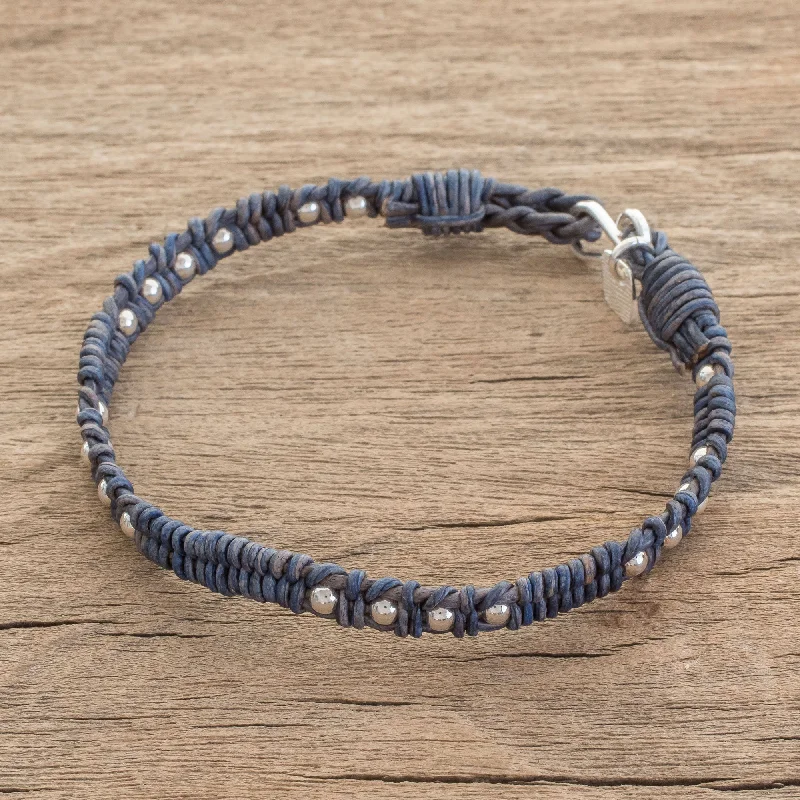 Brilliant Orbs Silver and Leather Beaded Wristband Bracelet in Blue